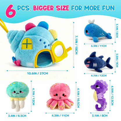 pamexin Baby Toys 6-12 Months, Ocean Stuffed Animals Set with 1 Conch House and 5 Sea Creatures, Rattle, Lanyard, Mirror, Montessori Toys for 6+ Month Old, Gifts for Babies Grandkids