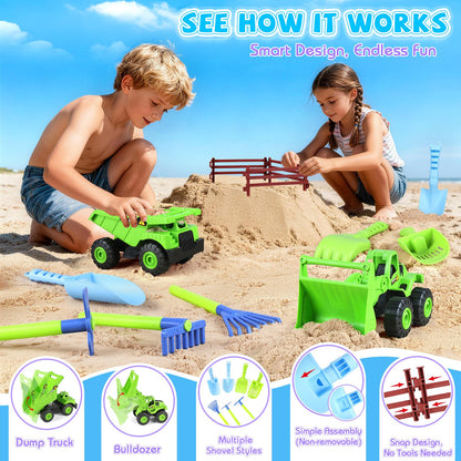 Beach Toys, Farm Theme Sand Toys for Kids Boys and Girls with 2 Truck, 2 Collapsible Bucket, Sand Castle Building Kit, Molds, Mesh Bag, Farm Animals, Tools, Indoor Outdoor Toys for Kids Ages 3-10