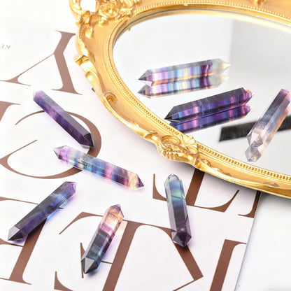 WHAL&YUNE Gemstone Wands 1PC, Rainbow Fluorite Hexagonal Wand Crystals and Healing Stones, Natural Hand Carved Pointed Stone Crystals Tower for Home Decor- 3"-3.5"(8-9cm)