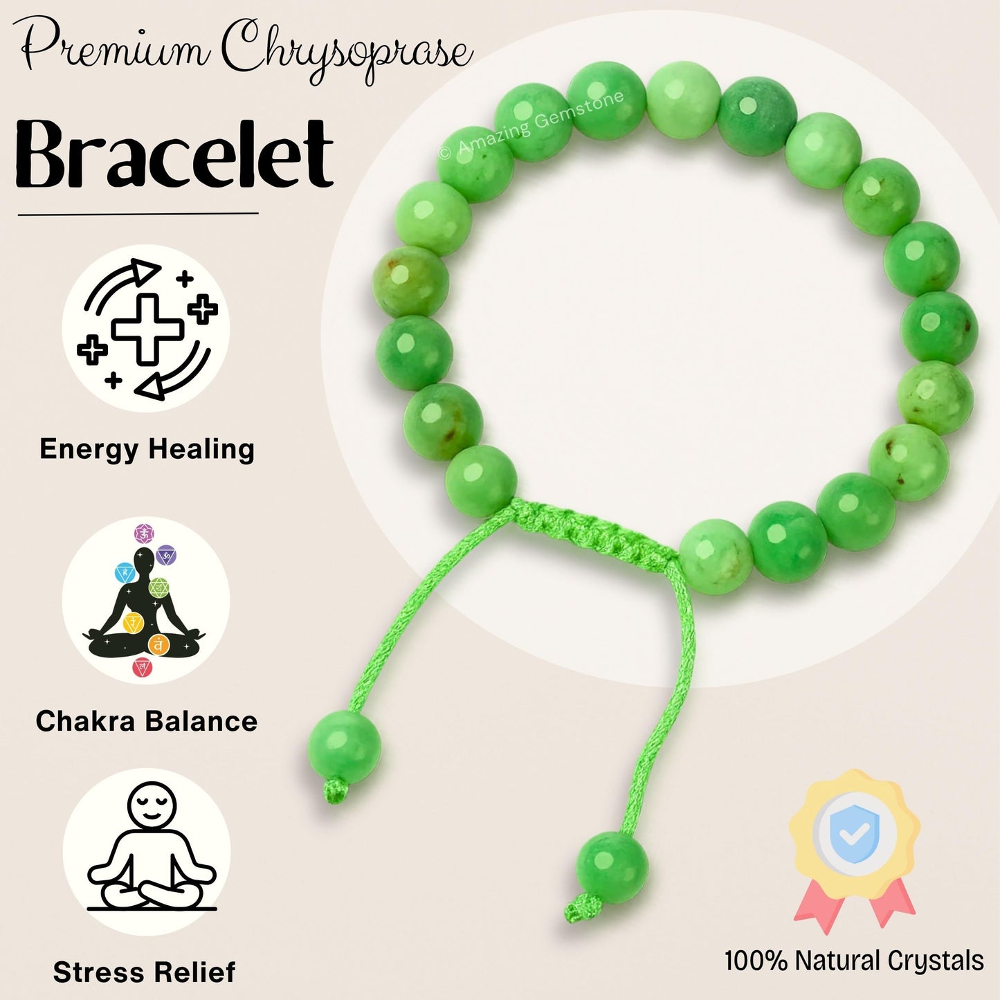 Amazing Gemstone Chrysoprase Premium Bracelet, Gifts For Men & Women - Protection Healing Crystal Bracelet - 8mm Gemstone Beaded Adjustable Bracelet, Pulseras Para Hombres Mujer Stocking Stuffers