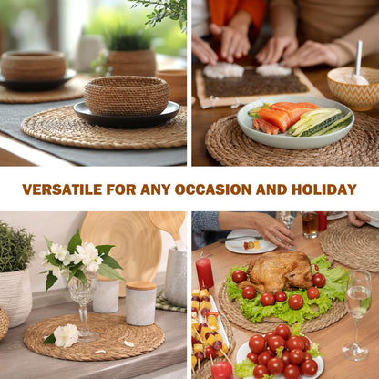 Defined Deco Woven Placemats Set of 10,12" Round Rattan Placemats,Natural Hand-Woven Water Hyacinth Placemats,Farmhouse Weave Place Mats,Rustic Braided Wicker Table Mats for Dining Table,Home,Wedding.