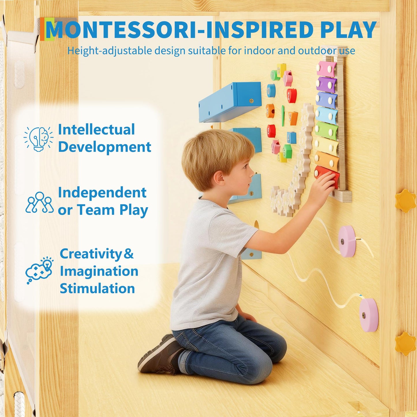 9-IN-1 Outdoor Indoor Jungle Gym, Montessori Wooden indoor playground for kids 2-8, Wooden Climbing Structure with Slide, Monkey Bars, Rope Ladder, Rock Wall, Climbing Net, Rings - Natural Wood Blue