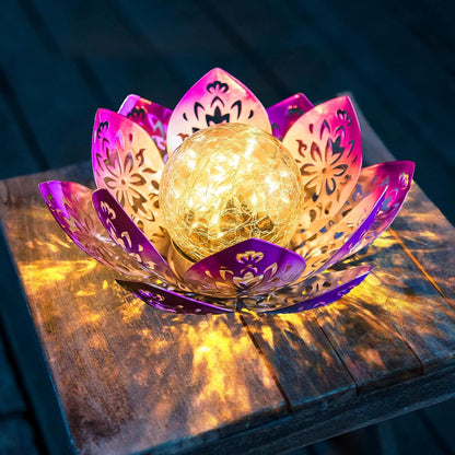 Huaxu Solar Lights Outdoor Decorative-Bright Purple Lotus Flower Table Lamp,Glass Globe 30 LED Waterproof Metal Decorations Gifts for Mom Women Garden Patio Pathway Yard Balcony Outside Decor