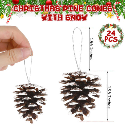 24 PCS Natural Pine Cones, 1.96 in Pinecone Ornaments, Pine Cones for Crafts with Sliver String, Decorative DIY Craft for Christmas Tree Christmas Table Decorations, Winter Decor Vase Filler