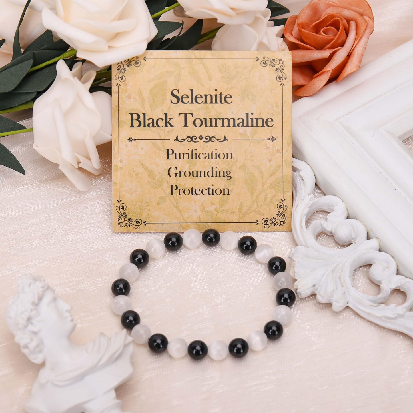 BONNY BOXX Mixed 8mm Natural Stone Bracelet for Purification, Handmade Stretch Selenite Black Tourmaline Bracelet Adjustable Crystal Healing Jewelry for Unisex Spiritual Gift