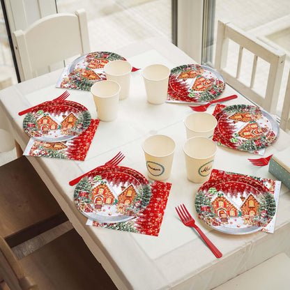 Joliaco 96 Pcs Red Gingerbread House Tableware Set Christmas Candy House Gingerbread Man Disposable Paper Plates and Napkins Xmas Candyland Party Supplies for 24 Guests