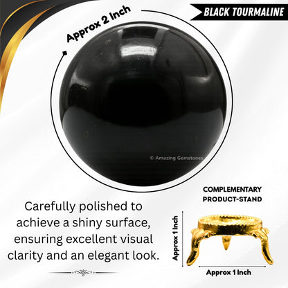 Amazing Gemstone Black Tourmaline Crystal Ball with Stand - 2" Inches Crystal Sphere Meditation Balls for Witchcraft and Decorative Balls