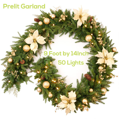 AMERZEST Pre-lit 9ft Christmas Garland with Gold Berries and Balls,Pine Cone,Golden Flower and 50 Battery Operated Soft White LED Lights with Timer,Artificial Holiday Decoration Door Outdoor