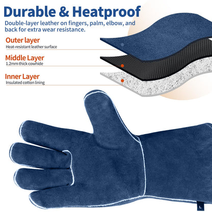 vclpower Welding Gloves Fire Heat Resistant Fireproof Leather for Welding Fire Pit Wood Stove Campfire Furnace BBQ Baking,Grill Oven Stick Mig Tig Gear L