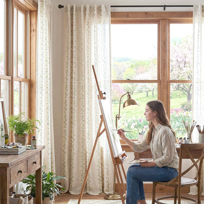 Lazzzy Cathy Linen Floral Curtains for Living Room 84 inch Length 2 Panels Set 7 ft Farmhouse Printed Curtains for Bedroom Spring Decor for Window W50 x L84 Sage Green on Linen