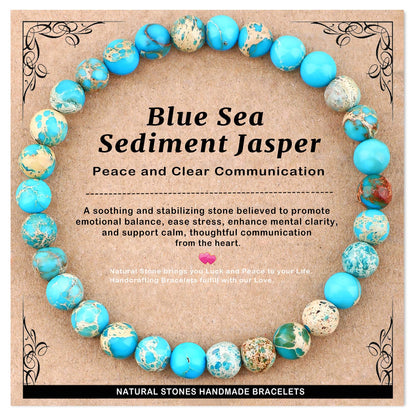 AD Beads 6mm Handmade Blue Sea Sediment Imperial Jasper Elastic Bracelet – Natural Gemstone for Joy & Positivity – Meditation, Yoga, Healing and Energy Gift for Men Women