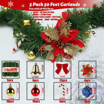 5 Pack 250FT Christmas Garland Flower for Christmas and Non-Lit Soft Greenery Holiday Decor for Outdoor Indoor Artificial Christmas Twist Garland Home Artificial Greenery Wedding Party Decoration