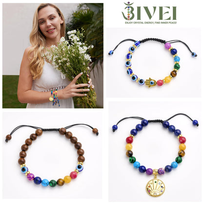 Bivei Evil Eye Bracelet Natural Semi Precious Gemstone Beads 7 Chakra Crystal Stone Beaded Adjustable Braided Bracelets for Women Men Yoga Meditation(Evil Eye)
