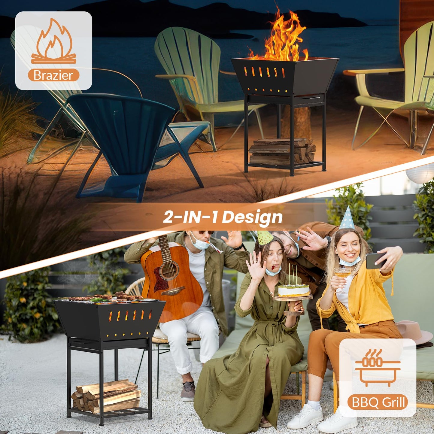 YBING Wood Burning Fire Pit for Outside - 24 Inch Outdoor Fire Pit with Grill, 2-in-1 Square Firepit with Ash Tray and Wood Storage for Camping, Backyard, Patio, Black
