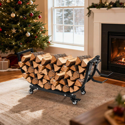 Primachen Firewood Rack Outdoor and Indoor with Wheels & Kindling Wood Hooks, Firewood Storage, Fireplace Wood Storage Rack Movable, Waterproof Stable Log Holder for Fireplace Patio Organizer