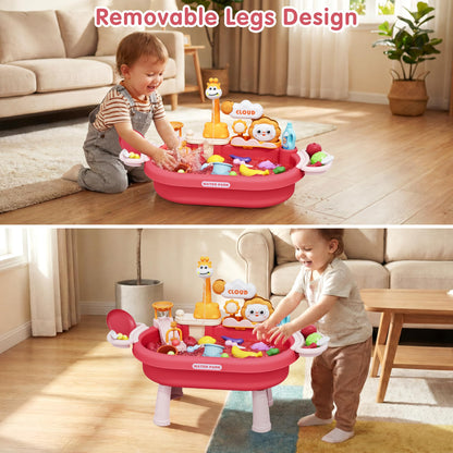 2026 New Kids Sand & Water Table Toys for Toddlers, Kids Water Park Play Kitchen Sink with Running Water,Giraffe Electric Faucet,Water Rolling Game,Detachable Legs Toddler Summer Toy for Boys Girls