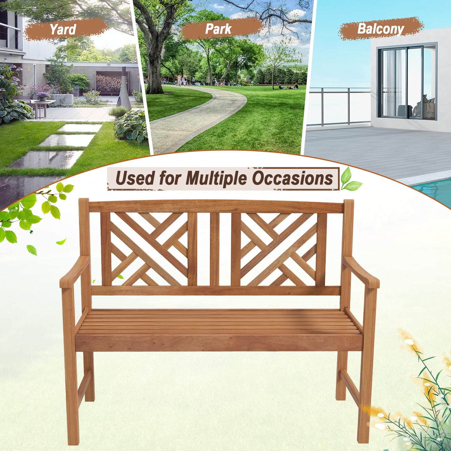 Giantex Outdoor Wooden Garden Bench - 2-Person Acacia Wood Loveseat with Armrests, Backrest, 800lbs Capacity, Patio Park Bench for Backyard, Front Porch Bench (Non-Foldable)