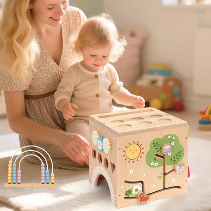 KizKnows Wooden Activity Cube 9-in-1 Montessori Busy Board Toy | Educational Sorting Play Center for 1+ Year Old Toddlers | First Birthday for Boys Girls