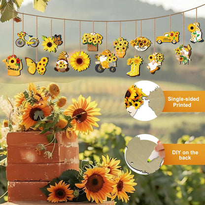 AFWHGM Sunflower Summer Wooden Ornaments Set - 30 Pcs Sunflower Tree Ornaments Garden Gnome & Flower Decor for Tree, Spring to Summer Home and Party Decorations
