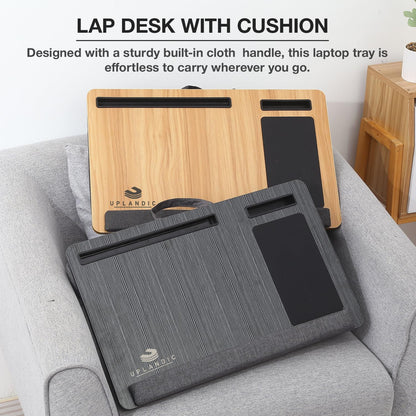 UPLANDIC Laptop Tray – Home Office Lap Desk with Built-in Mouse Pad, Wrist Rest & Phone Holder, Portable Laptop Stand with Cushion, Tablet Slot & Carry Handle, Ideal for Bed & Workspaces (Walnut)