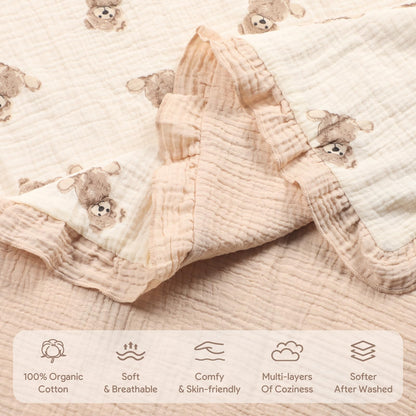 100% Organic Cotton Muslin Baby Blanket Flounce Edge Large 50"x43" Teddy Bear, Soft Breathable Toddler Quilt Crib Blankets Gender Neutral for Baby Boys and Girls Bassinet, Bed, Stroller & Snuggling