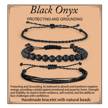 QOGIR Handmade Healing Bracelets, 8mm Matte Black Onyx Bracelet Black Beaded Bracelets for Men Women with 2PCS Size Adjustable Rope Bracelets
