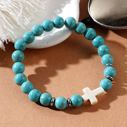 Frigotine Cross Created Turquoise Beads Stretch Protection Bracelet for Man Woman, Handmade Healing Stone Chakra Beads Elastic Bracelets Religious Accessories Fashion Jewelry Fathers Gift