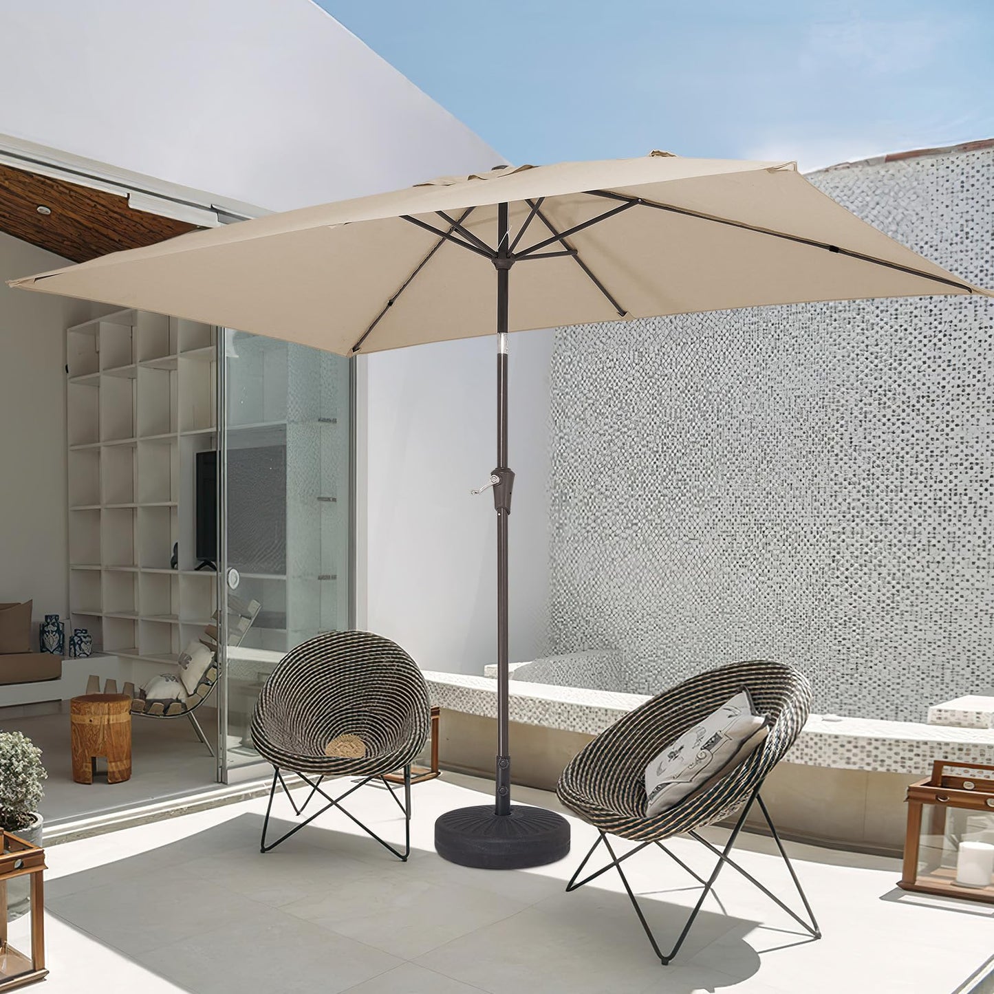 JEAREY 6.5x10 ft Rectangular Patio Umbrellas Rectangle Outdoor Umbrella with Push Button Tilt and Crank, Market Table Umbrella 6 Sturdy Ribs UV Protection for Poolside Garden Backyard Deck, Beige