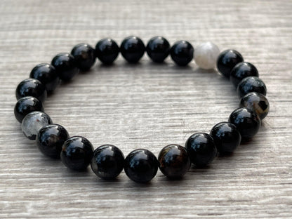 GAF TREASURES Black Tourmaline With Quartz Crystal Bead Bracelet 6-8mm, Genuine Black Tourmaline With Quartz Stretch Gemstone Bracelet, Healing Crystal Bracelet, Gift for Men & Women (1)