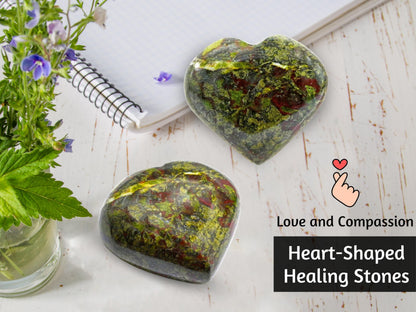 Amazing Gemstone Dragon Bloodstone Crystal Heart Palm Stone - Pocket Massage Worry Stone for Natural Body Chakra Balancing, Reiki Healing and Crystal Grid