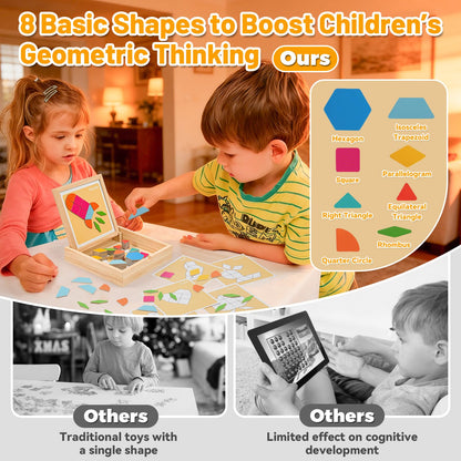 ODRIEW 130 Pcs Wooden Magnetic Pattern Blocks Set, Montessori Tangram Puzzle with Pattern Cards & Storage Box, STEM Educational Toy for Toddlers & Kids Ages 4–8, Creative Gift for Boys & Girls