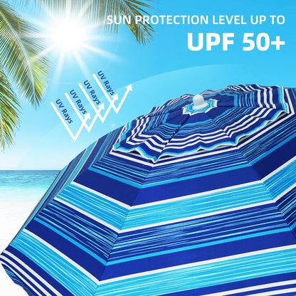 AMMSUN 6.5 ft Heavy Duty Beach Umbrella for Sand with tilt Air Vent Sun Shelter, UV 50+ Protection Outdoor Sunshade Umbrellas and Parasols with Carry Bag for Patio Garden Beach Pool stripe Blue