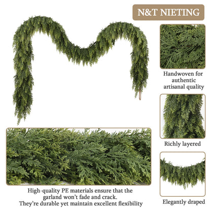 2 Pcs 9ft Christmas Cedar Garland with Soft Thickness Pine, Artificial Green Faux Cedar Pine Garland for Mantle Fireplace Indoor Outdoor Holiday Party Home Decoration