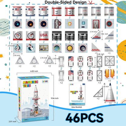 AFUNX Magnetic Tiles Space Rocket Set,46 PCS Magnetic Building Blocks for Kids 3+, STEM Learning Toys, Safe & Durable Creative Construction Play, Gift for Boys & Girls
