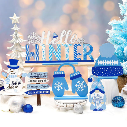 Barydat 6 Pcs Winter Wooden Table Decorations Snowman Snowflake Wooden Centerpieces for Party Black White Blue Tabletop Block Signs Winter Tiered Tray Decor for Home Office Kitchen(Snowman)