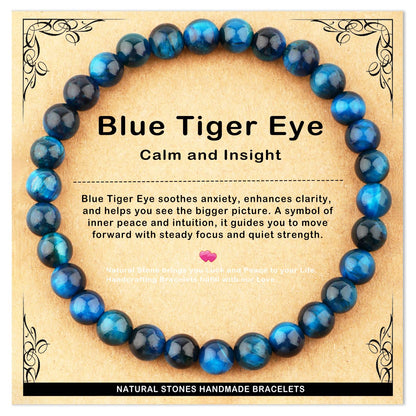 AD Beads 6mm Handmade Blue Tiger Eye Elastic Bracelet – Natural Gemstone for Calm and insight – Meditation, Yoga, Healing and Energy Gift for Men Women
