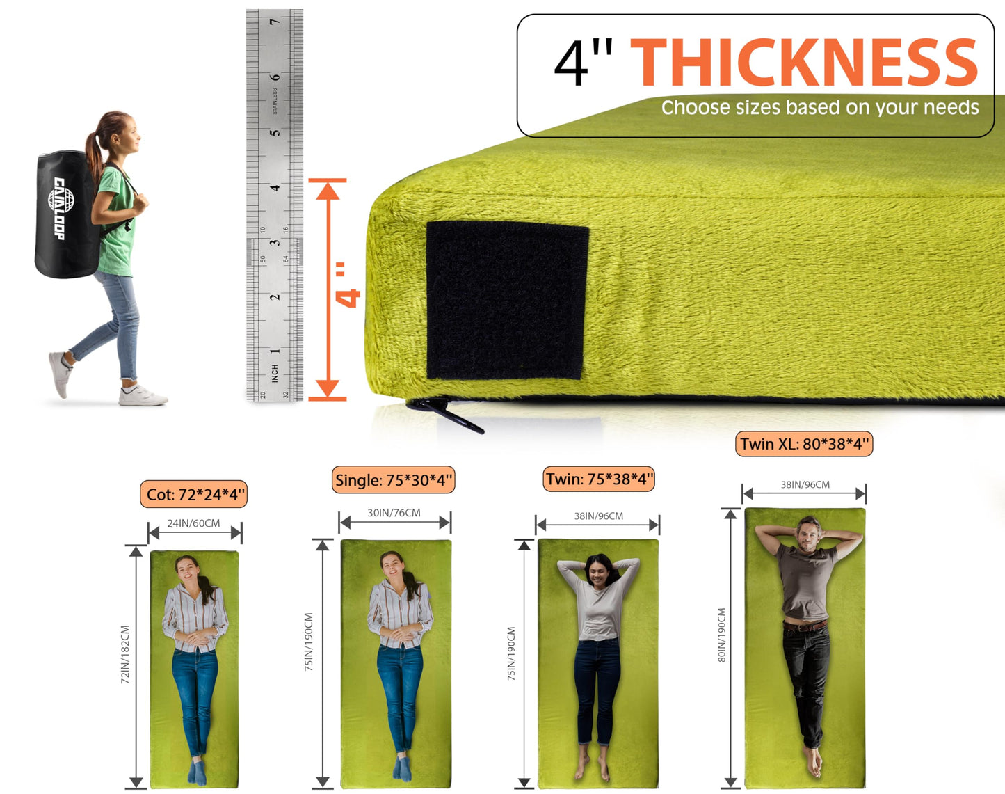 GAIALOOP 4 INCH Thick Memory Foam Camping Mattress, Roll Up Floor Sleeping Mat Camp Cot Mattress Pad Travel Camping Couch Bed for Guest Adults Side Sleepers [Single:75 * 30 * 4"]