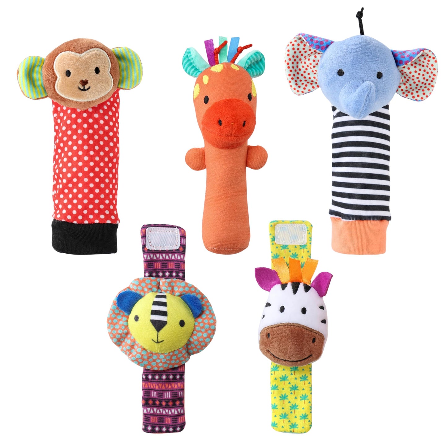 The Peanutshell Sock Rattles Set of 5 - Girl Boy Rattle Socks, Baby Toys 0-6-12 Month, Animal Newborn High Contrast Baby, Infant, Newborn Toys 0-3 0-6 Months Old Babies - Safari