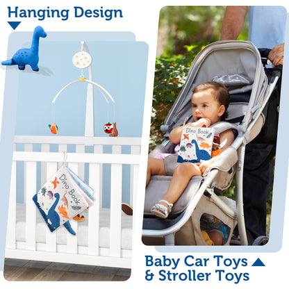 Richgv Baby Books Toys 0-6-12 Months, Baby Boy Gifts Touch and Feel Crinkle Books with Dino Doll, Newborn Infant Carseat Toys 6-9-12 Months Shower Gifts Easter Basket Stuffers