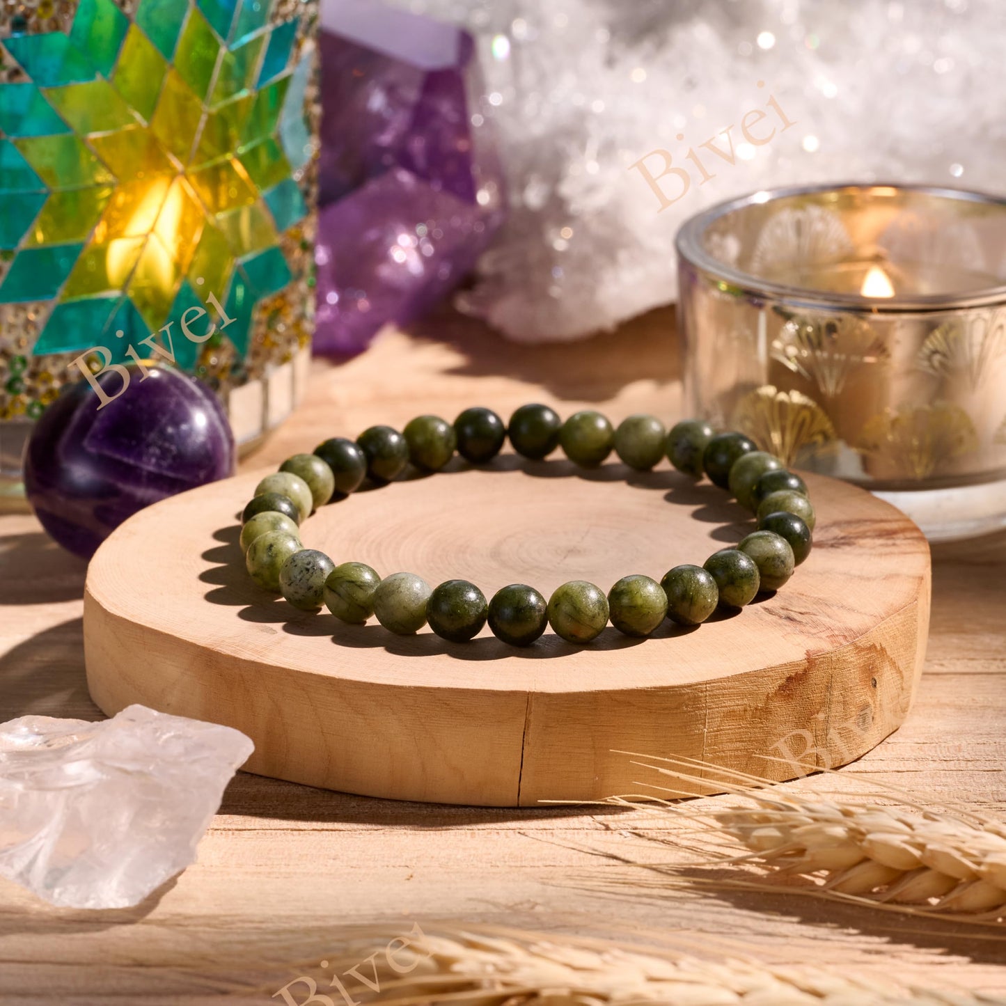 Bivei Taiwan Jade-Resilience-6mm Beaded Bracelets for Women Handmade Semi Precious Natural Stone Stretch Elastic Jewelry for Women Yoga Protection Gifts