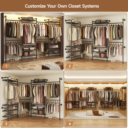 Wall Mounted Garment Rack, Walk-in Closet System with 4 Expandable Rods, 8 Adjustable Shelves, Industrial Pipe Clothing Racks, Hanging Clothes Organizers and Storage, Metal Closet Shelving Black