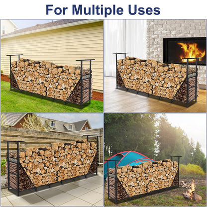 HONEST OUTFITTERS 8ft Firewood Rack Outdoor, Adjustable Heavy Duty Firewood Holder, Adjustable Wood Racks for Outdoor Indoor, Metal Log Racks for Firewood with Firewood Bag Carrier, Black