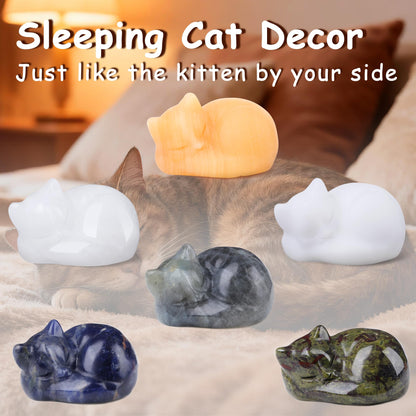 YATOJUZI 2" Cat Decor Figurines Dragon Blood Stone Crystals Sleeping Cats Decor Hand Carved Cute Crystal Animal Statues Decors Room Home Office Desk Decorations Cat Gifts for Women