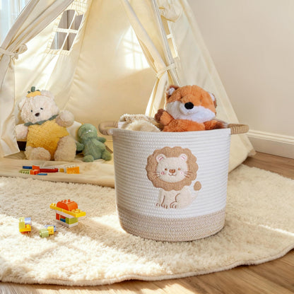 Mzzelry Toy Storage Basket(12"x12"), blanket basket, Cotton Rope Woven Laundry Hamper with Cute Embroidered Dinosaur for Nursery, Living Room, Laundry (Dinosaur)