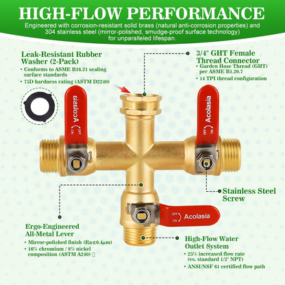 Hose Splitter 3 Way Heavy Duty Brass Garden Hose Splitter with 304 Stainless Steel Long Handle Outdoor Full Flow Hose Splitter Connector, 3/4" GHT Thread