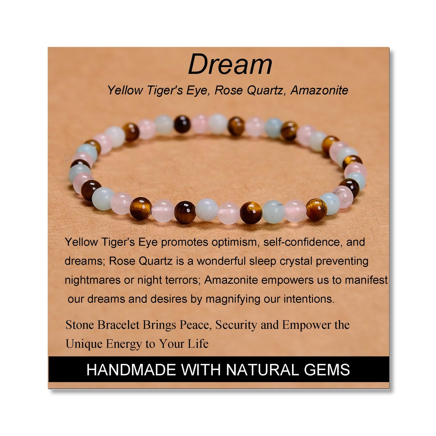 MASSIVE BEADS Yellow Tiger's Eye Rose Quartz Amazonite - Dream Handmade Handmade Yoga Stretch Elastic Bracelet Natural Stone Crystal Healing Power Energy Gifts for Unisex Adult 4mm