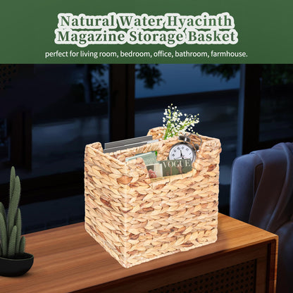 Magazines Holder - Wicker Magazine Rack, Handwoven Magazine Holders for Bathroom, Magazine Organizer for Books, Newspaper, Water Hyacinth Magazine Basket, 14.2 x 11.4 x 6.7 inch