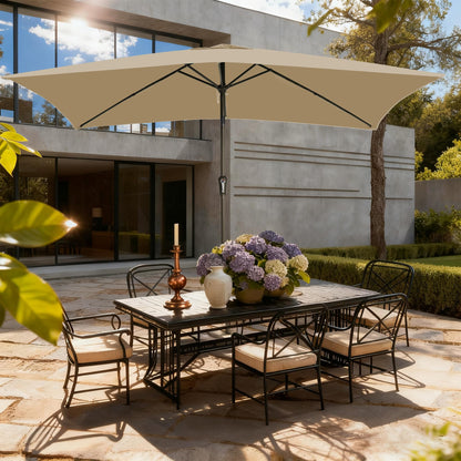 GREFORG 6.5x10FT Rectangular Patio Umbrella with Push Button Tilt & Crank Lift for Garden,UV Protection Outdoor Umbrella for Deck,Pool and Yard,Beige