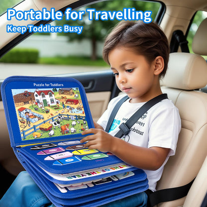 Toddler Busy Board, Montessori Busy Book for Toddlers, 12-Page Quiet Educational Activity Book for Motor Skills, Learning Sensory Travel Toys for Car Airplane, Birthday Gifts for Boy Girl Kids (Blue)