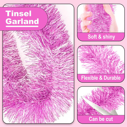 50 Feet Christmas Tinsel Garland, Metallic Twist Garland Wall Hanging Tinsel Garland Backdrop for Parade Floats, Carnival, Birthday, Wedding, New Year Party Decorations (Macaron Pink, 2in x 50ft)